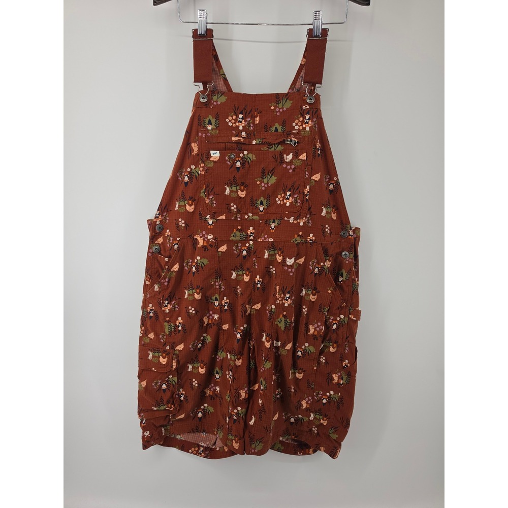 Duluth Trading Co Heirloom Gardening Shortalls Rust Gnome Chicken Print XXL